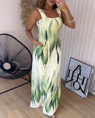 Plants Print Thick Strap Dress Casual Slim Fit Slit Maxi Dress with Pockets